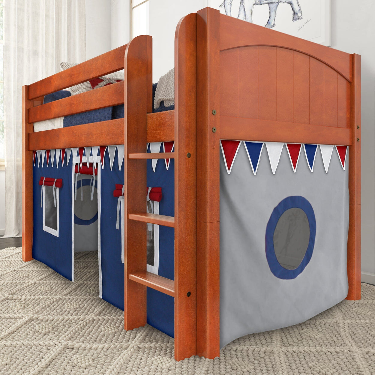 Wooden loft bed with playful tent design and ladder for children's bedroom.