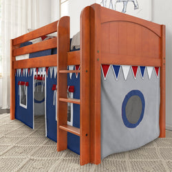 Wooden loft bed with playful tent design and ladder for children's bedroom.