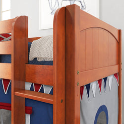 Wooden bunk bed frame with red and blue decorative fabric, perfect for kids' room décor.