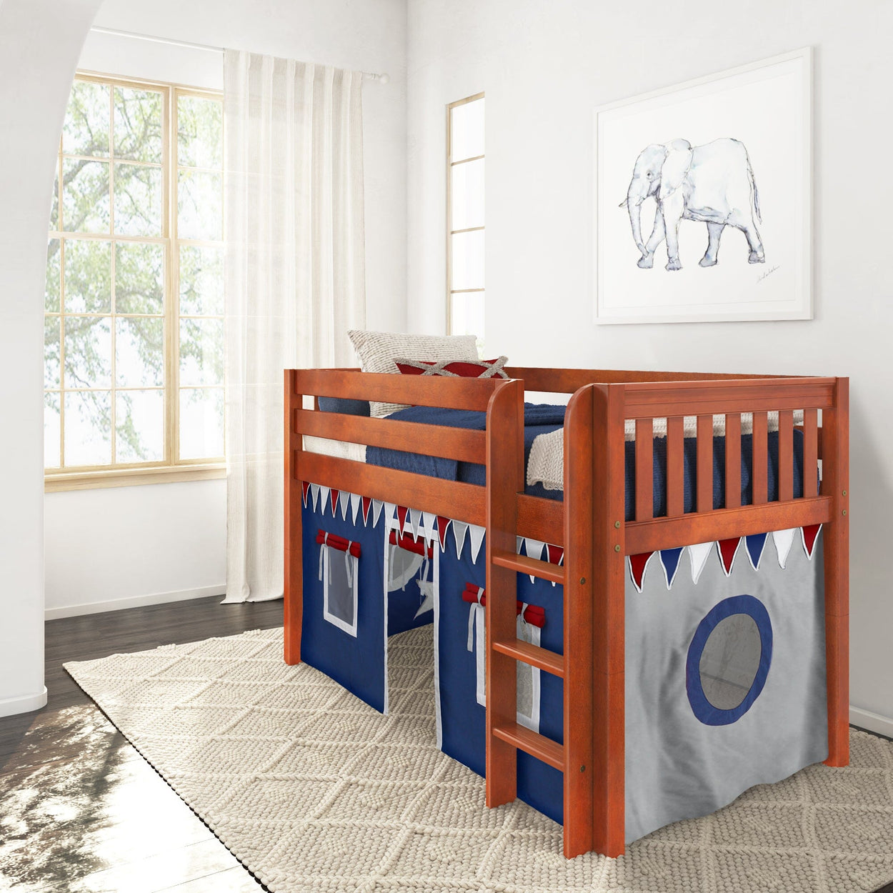 Children's wooden loft bed with tent and ladder in bright bedroom setting.