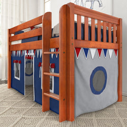 Wooden loft bed with playhouse tent, featuring colorful bunting and windows, ideal for children's bedroom decor.
