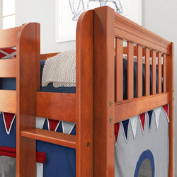 Wooden bunk bed with decorative fabric in a children's room.