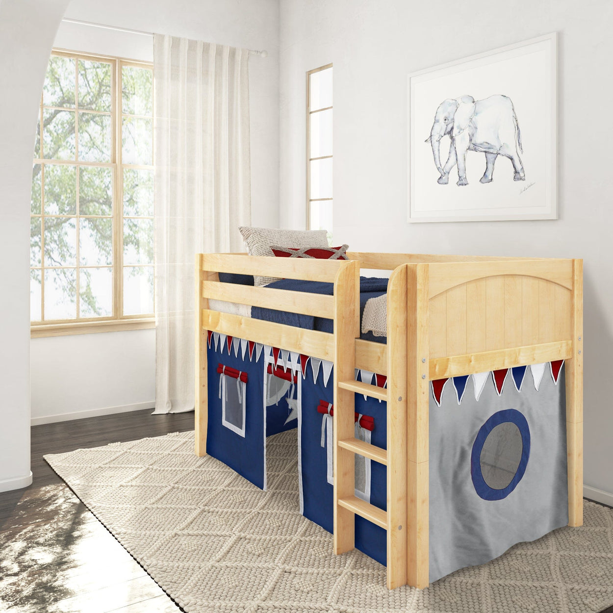 Children's wooden loft bed with colorful tent and ladder in bright bedroom.