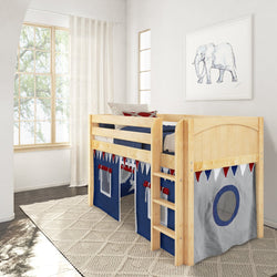 Children's wooden loft bed with colorful tent and ladder in bright bedroom.