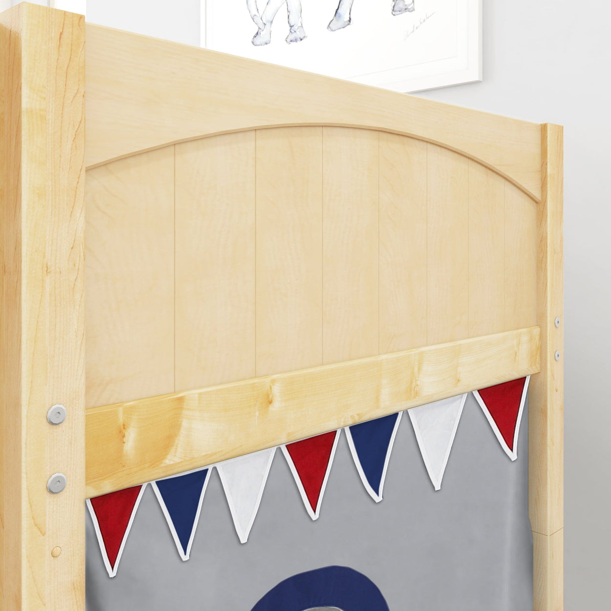 Wooden bed headboard with colorful triangle bunting decoration.