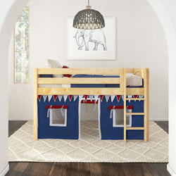 Children's wooden loft bed with playful blue curtain and ladder in a bright bedroom setting.