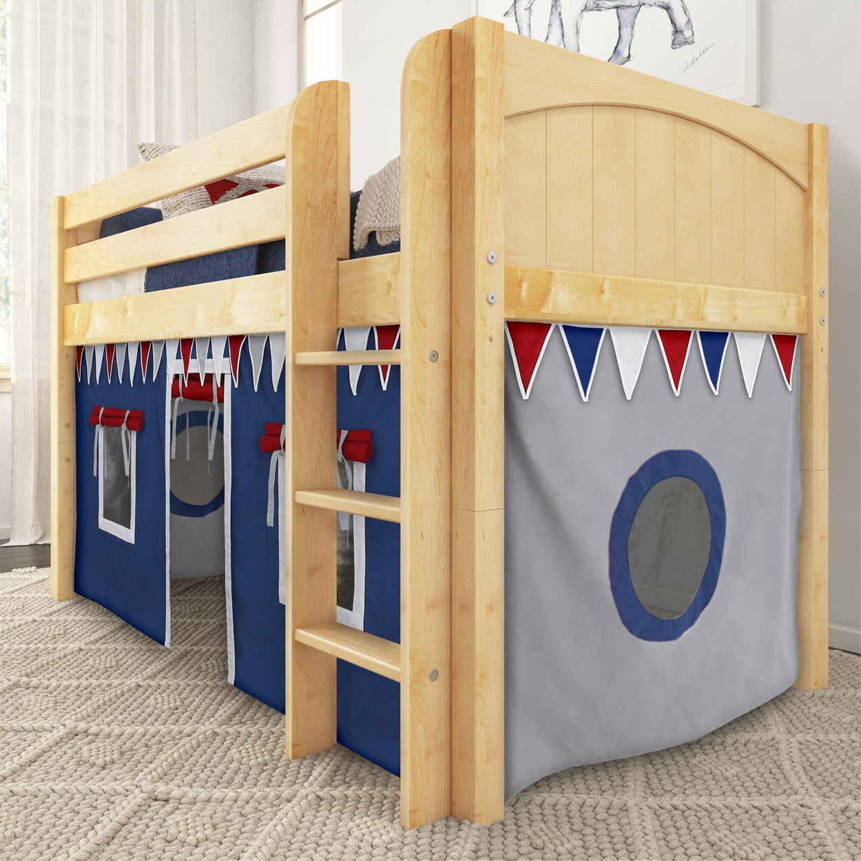 Wooden loft bed with colorful tent design for kids' bedroom.