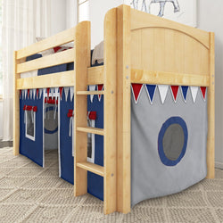 Wooden loft bed with colorful tent design for kids' bedroom.
