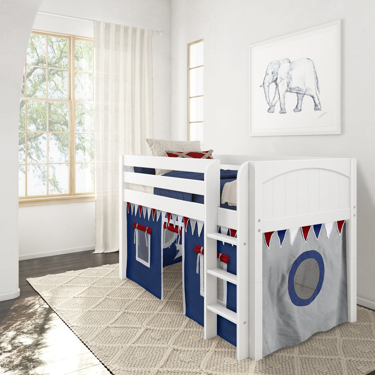 Children's white loft bed with colorful play tent in bright bedroom.