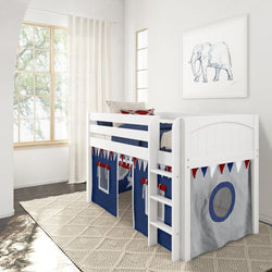 Children's white loft bed with colorful play tent in bright bedroom.