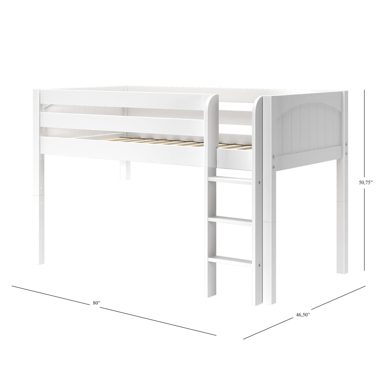 White wooden loft bed with ladder and dimensions labeled.