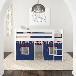 Kids' white loft bed with blue and red tent, modern nursery decor, elephant artwork, and pendant light fixture.