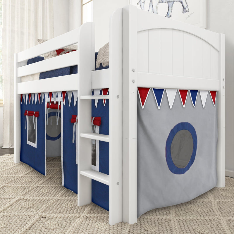 White wooden loft bunk bed with ladder and navy blue playhouse tent skirt, gray circular window and red-white-blue pennant bunting in a children's bedroom on a textured beige rug