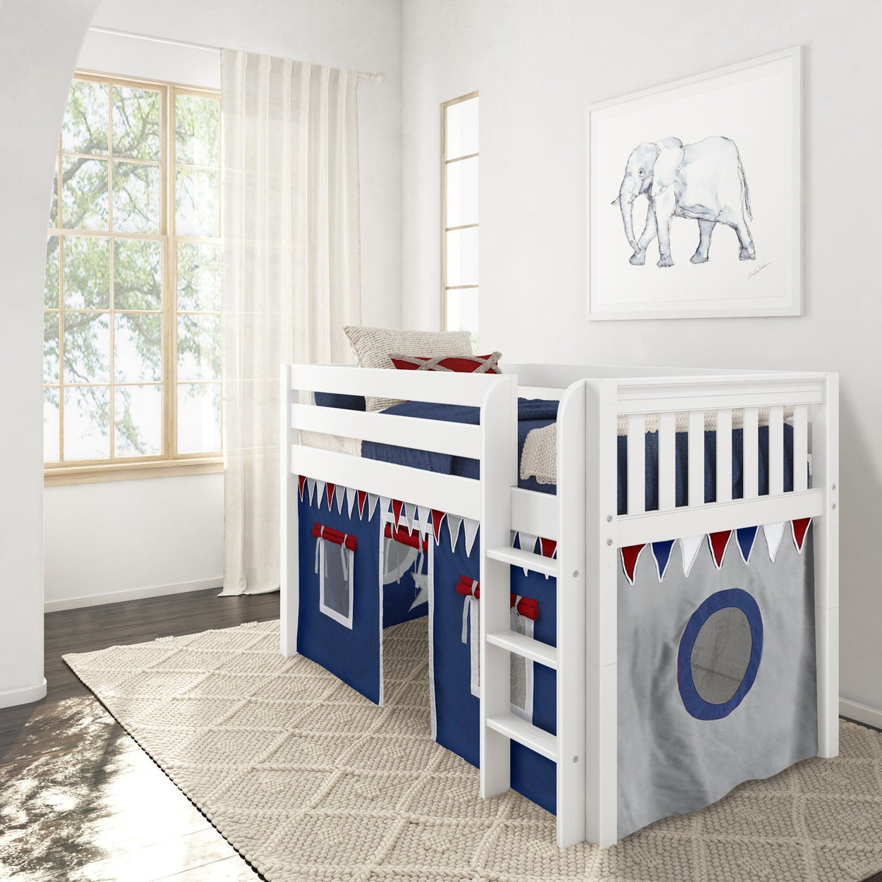 Children's white loft bed with blue tent and ladder in a bright bedroom featuring an elephant wall art.