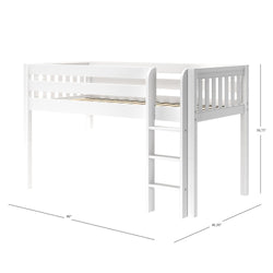 White wooden loft bed with built-in ladder and dimensions, ideal for children's bedroom furniture.