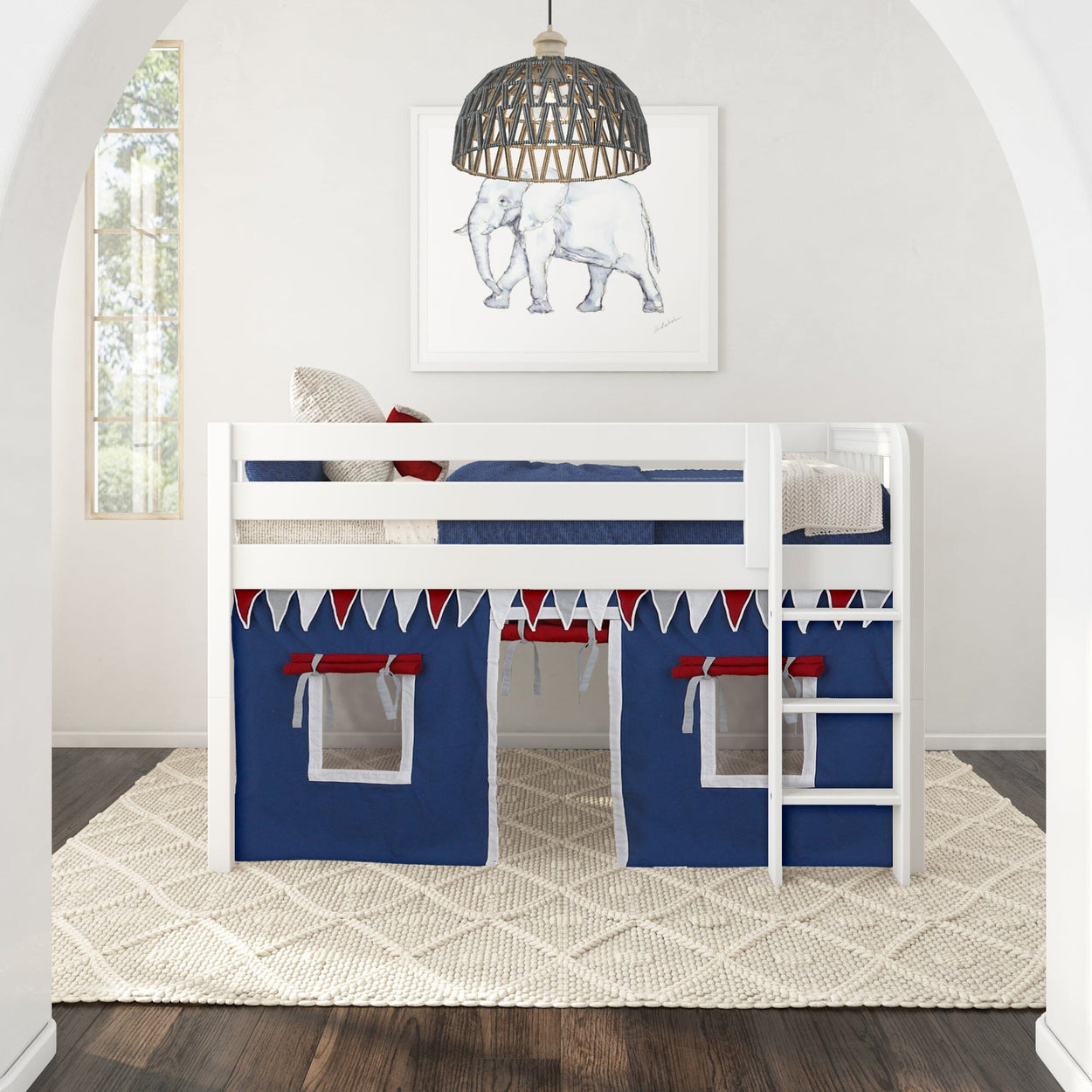 White loft bed with blue and red play tent in modern kids' room, featuring plush carpet and elephant artwork.