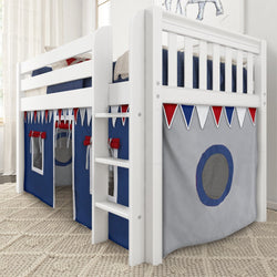 White loft bed for kids with blue and gray tent design, featuring ladder and under-bed play area.