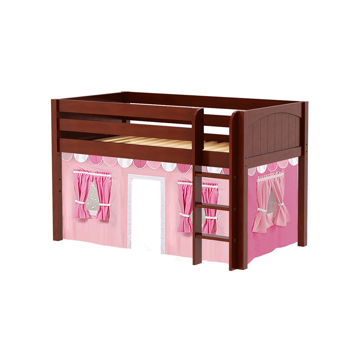 Children's loft bed with brown wood frame and pink playhouse design, featuring windows and curtains, ideal for kids' bedroom decor.