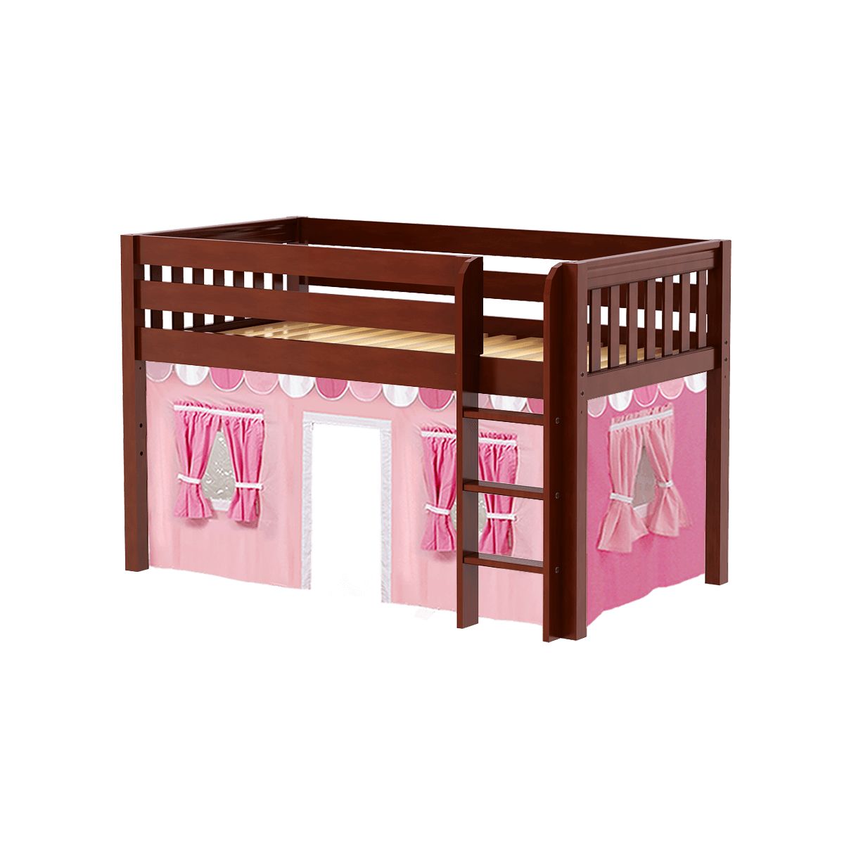 Mid-century modern wooden loft bed with pink playhouse curtain, ideal for kids' bedroom decor and space-saving solutions.