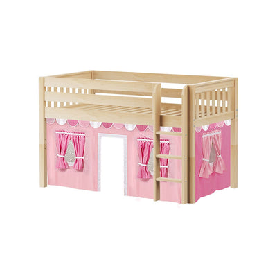 Children's wooden loft bed with pink playhouse curtains and ladder.