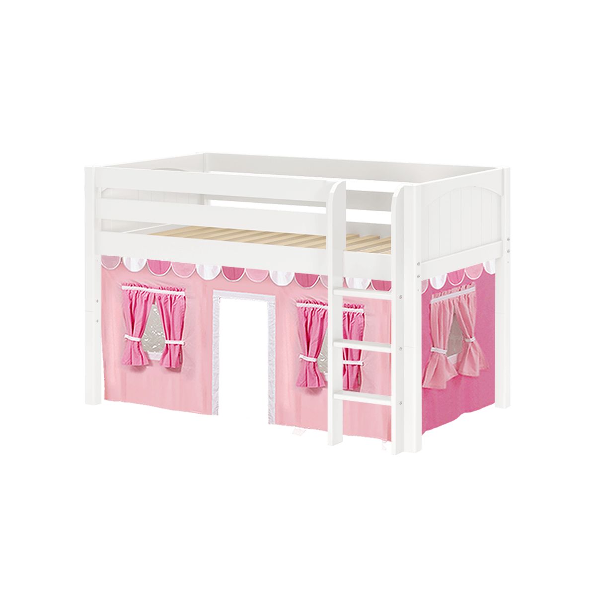 White children's loft bed with pink playhouse curtain and ladder.