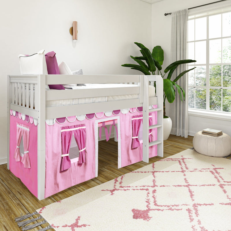 White wooden loft bed with pink playhouse curtains, accent pillows, indoor plant and large window in a modern kids' bedroom