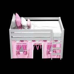 White children's loft bed with pink playhouse curtains and ladder.
