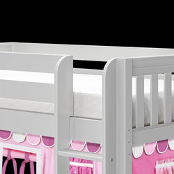 White wooden loft bed with pink playhouse curtain underneath, featuring easy-access ladder for kids' room.