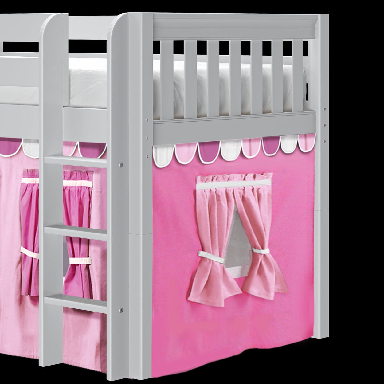 White and pink children's bunk bed with ladder and curtain design.