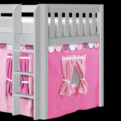 White and pink children's bunk bed with ladder and curtain design.