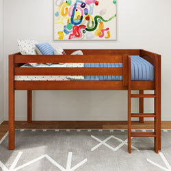 Wooden loft bed with ladder, blue bedding, and colorful wall art in a modern kids' room.