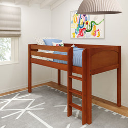 Wooden loft bed with ladder in modern kids' room featuring colorful wall art and natural light.