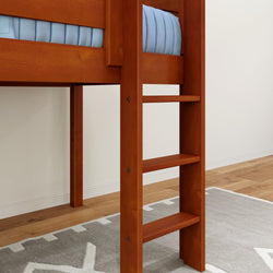 Wooden bunk bed ladder with blue mattress in modern bedroom setting.