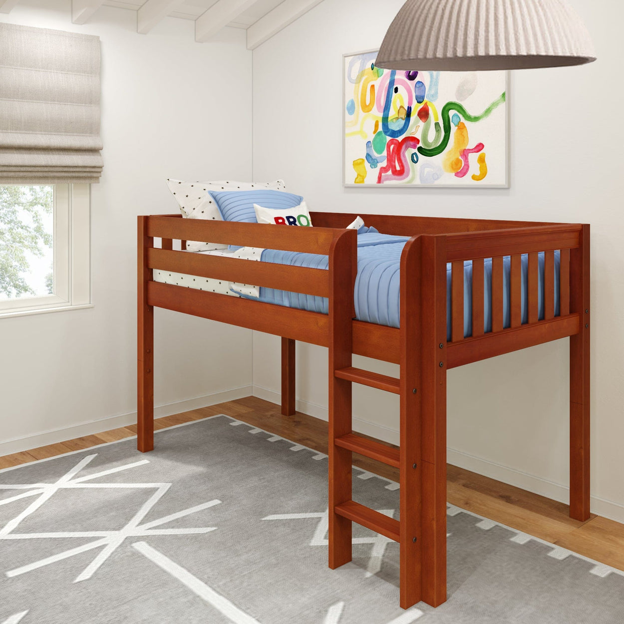 Wooden loft bed with blue bedding in modern kids' room.