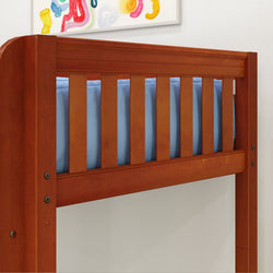 Wooden bunk bed side with light blue mattress and colorful wall art above, ideal for modern kids' room decor.
