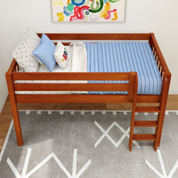 Wooden loft bed with blue mattress and star-themed pillows in a modern children's bedroom.