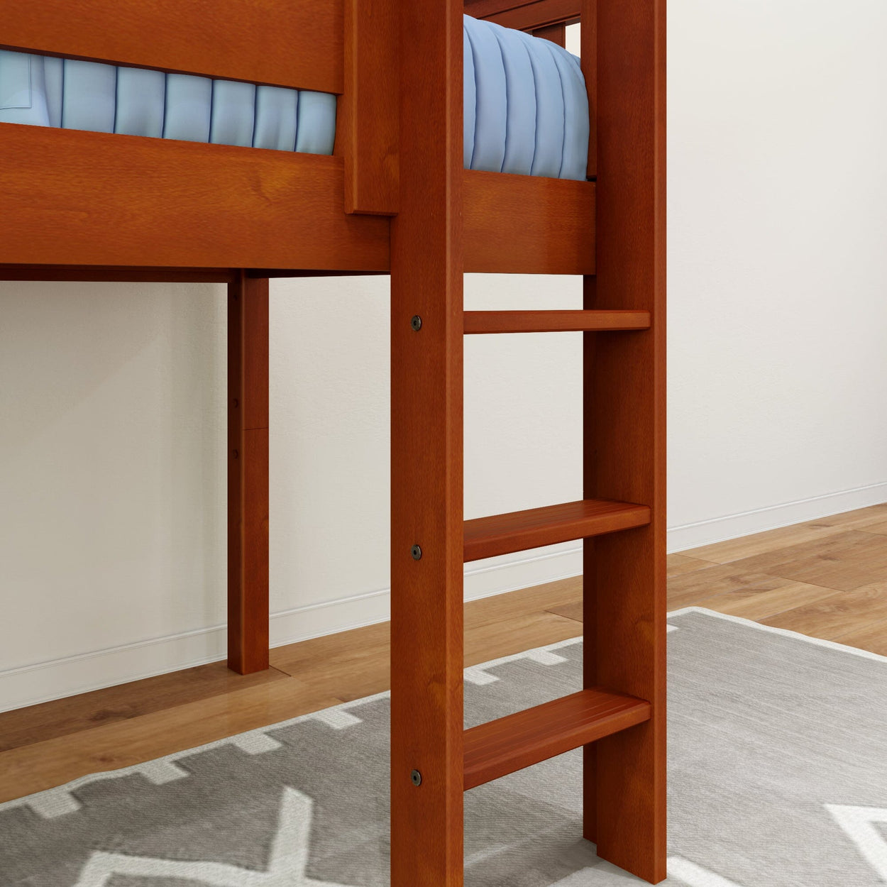 Wooden bunk bed ladder with blue mattress in a modern bedroom.