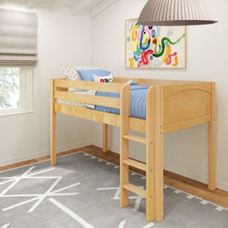 Wooden loft bed with ladder in a bright, modern kids room with abstract art on the wall.