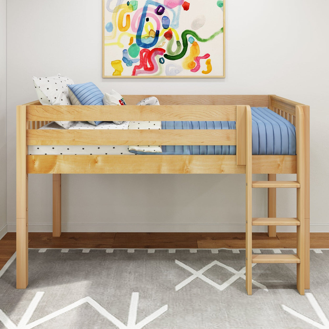 Children's wooden loft bed with ladder and blue bedding in a modern bedroom setting.