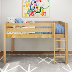 Children's wooden loft bed with ladder and blue bedding in a modern bedroom setting.