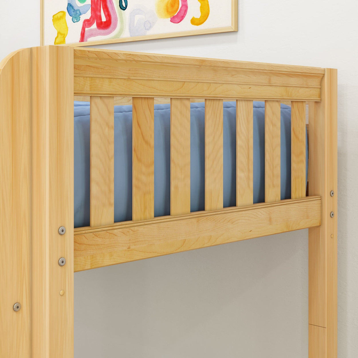 Wooden loft bed with blue mattress in a modern bedroom setting.