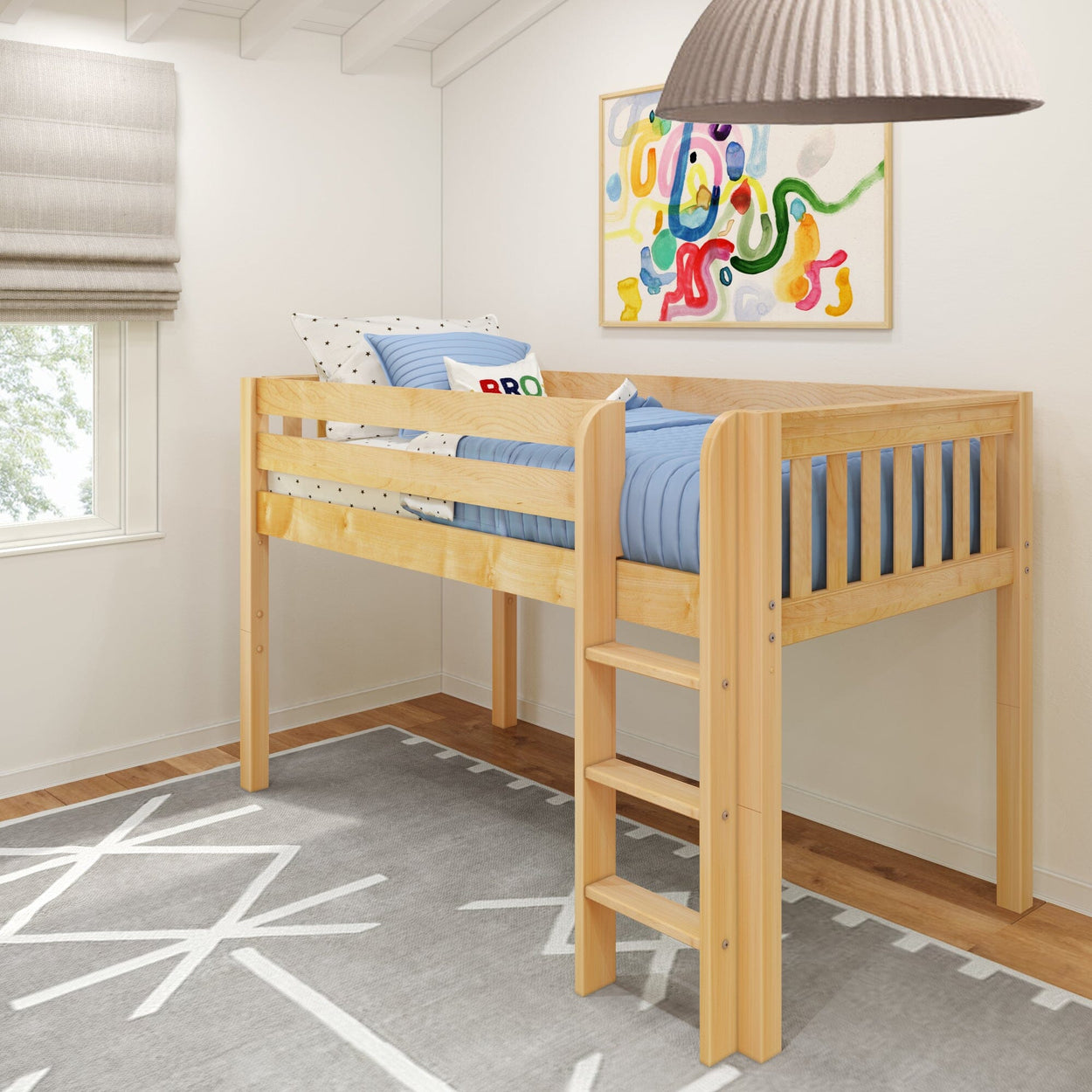 Wooden loft bed with blue bedding in a modern children's room with colorful wall art and a gray geometric rug.