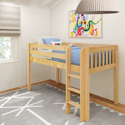 Wooden loft bed with blue bedding in a modern children's room with colorful wall art and a gray geometric rug.