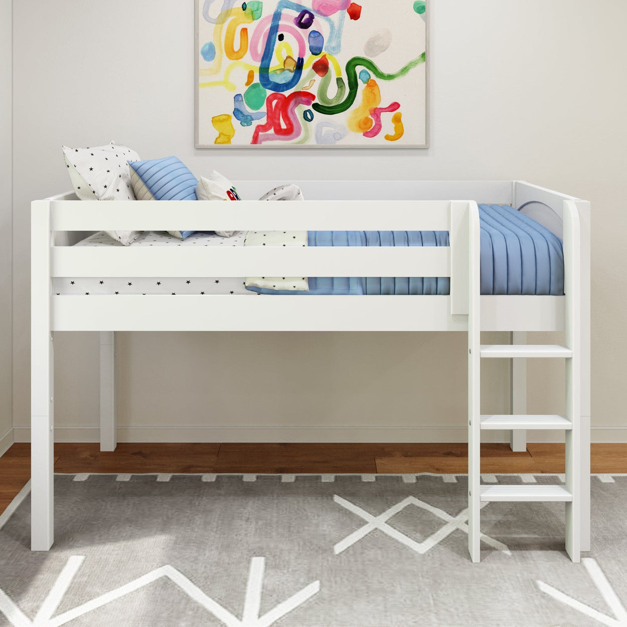 White loft bed with ladder and colorful wall art in modern bedroom.