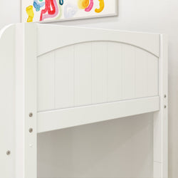 White wooden loft bed with colorful wall art in modern bedroom.