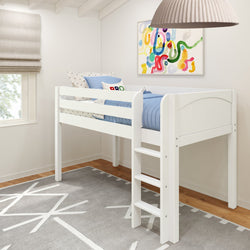 White loft bed with blue bedding in a modern children's bedroom featuring abstract wall art and a geometric rug.