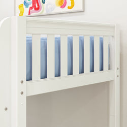 White wooden bunk bed with blue bedding and colorful artwork in a children's room.