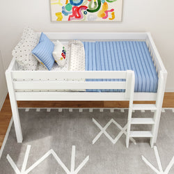 White wooden loft bed with blue mattress and polka dot pillows in a child's bedroom.