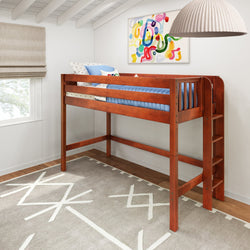 Warm wood-finish twin loft bed with built-in ladder and blue bedding in bright modern kids' bedroom, space-saving raised bunk