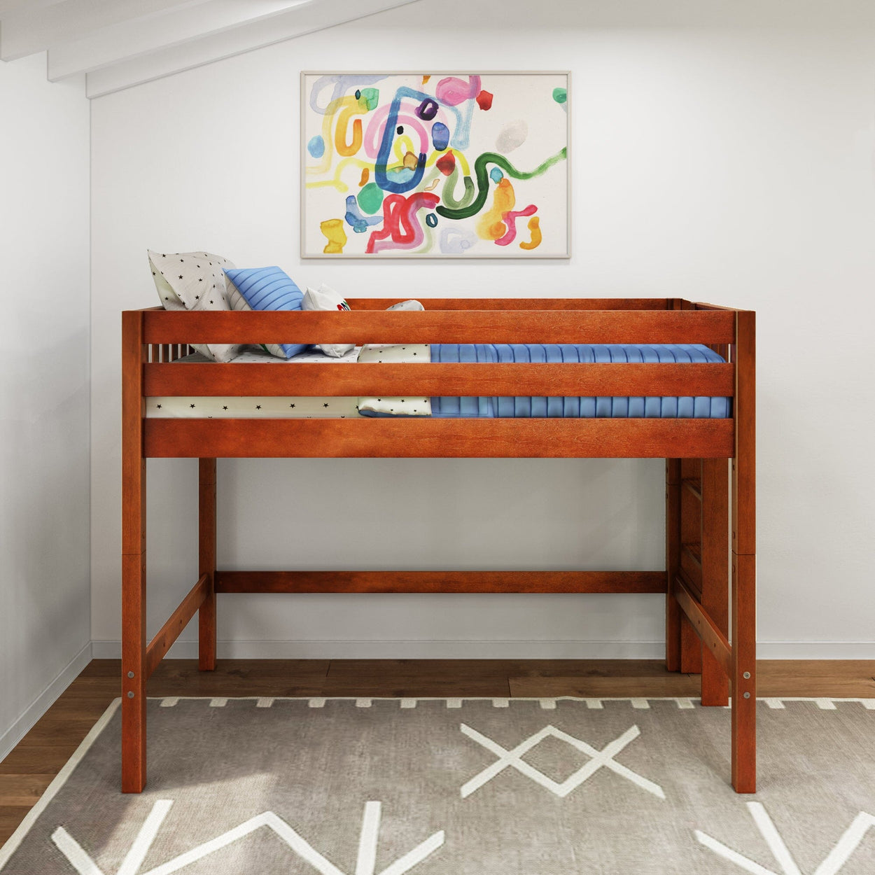 Wooden twin loft bed in kids' room with blue bedding and pillows, safety rails, colorful abstract wall art, neutral rug and hardwood floor — space-saving design.